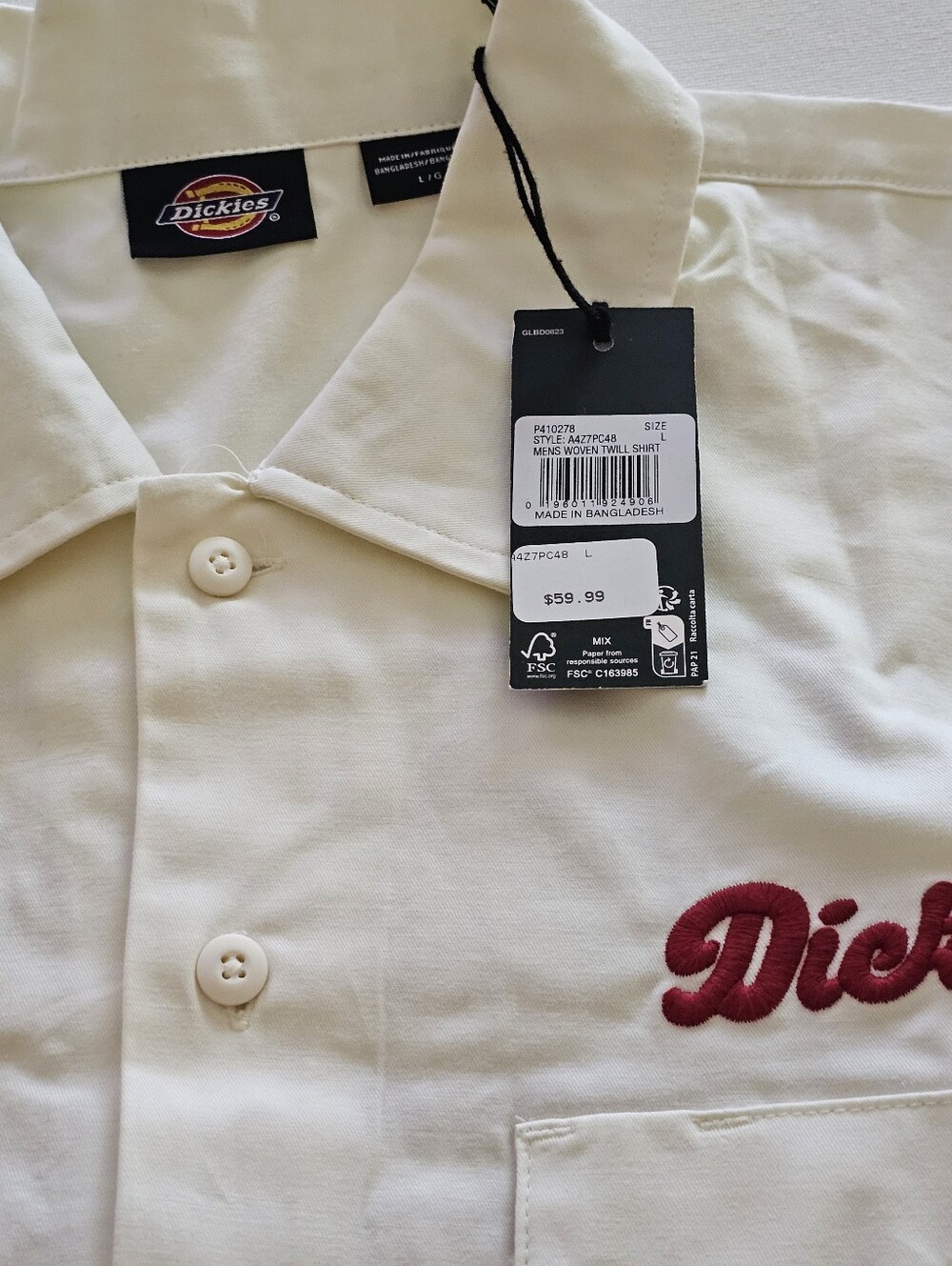 Dickies Men’s White Button-Down Shirt with Red Embroidered Logo